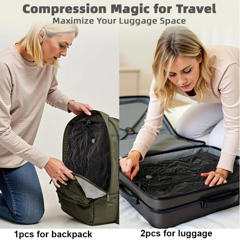 Vacuum Bags for Travel Luggage with Pump (DOUBLE CLICK to Start),Reusable Space Saver Waterproof Compression Bags for Suitcase